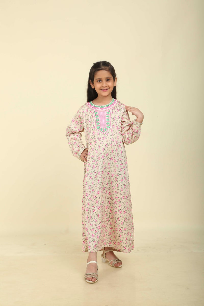 HANA & SARA Girls Satin Digital Print Floral Arabic Jalabiya – Lightweight Modest Wear Dress - Image 1